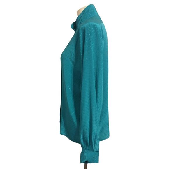 High Neck Pleated Flowy Blouse Sz M 10 Silky Regency Office Siren Corpcore Vtg - Picture 7 of 16